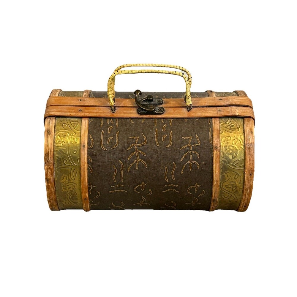 Vintage Bamboo And Brass Barrel Purse Satchel Bag Wicker Handle 8.5”x5.5”x5.25”